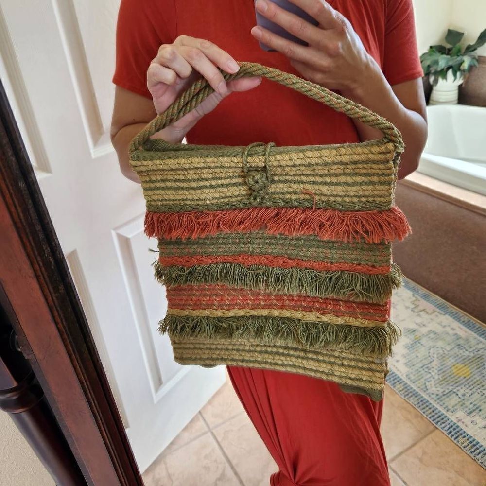 70s vintage Raffia straw striped handbag EE fringe purse boho beach bag vacation
